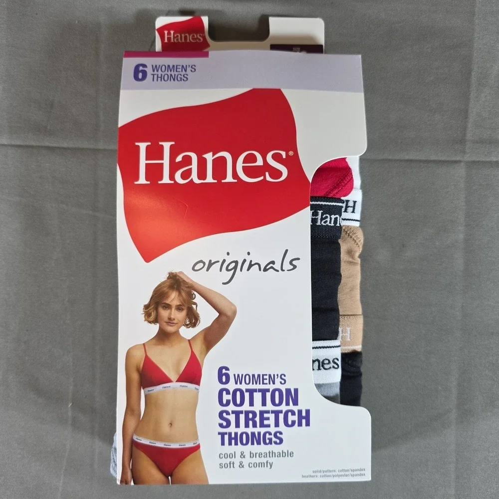 Hanes Women's Originals Cotton Stretch Thongs 6 Pack - Size 5 S Small
